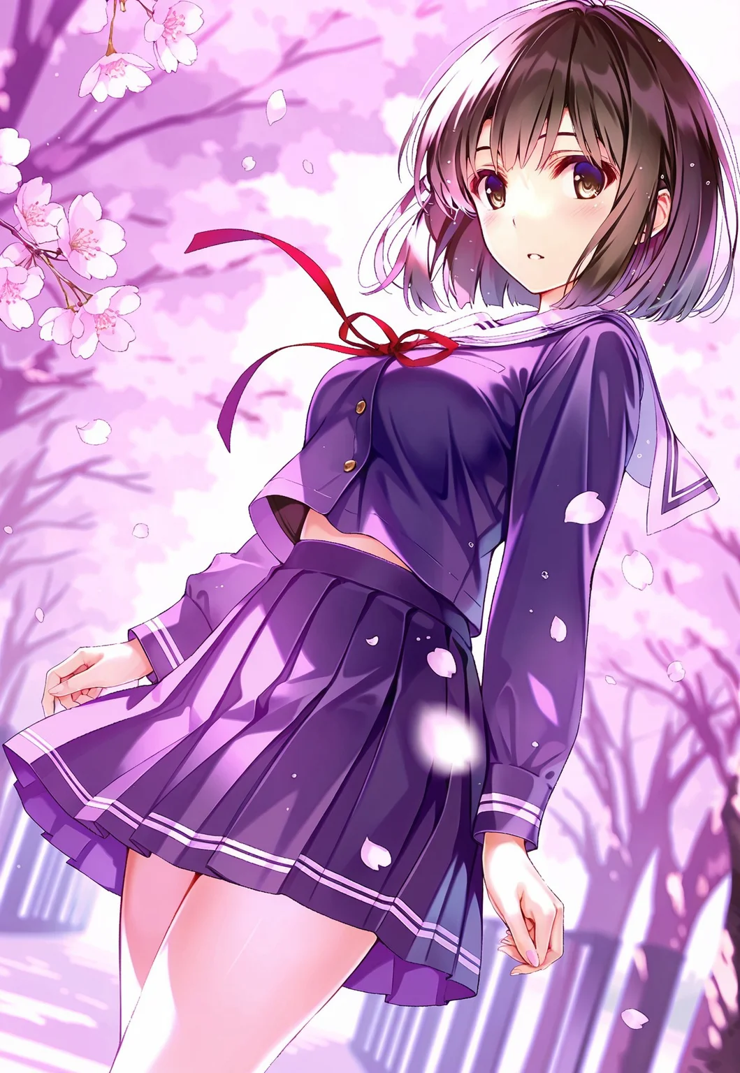 safe_pos, 1girl, misaki kurehito, katou megumi, Megumi,brown hair,kato megumi,brown eyes, short hair , medium breasts,solo, bioluminescent skin,dynamic angle,dynamic composition, school uniform,serafuku,red ribbon,sailor collar,dark blue pleated skirt,dark blue shirt,long sleeves, Cherry Blossoms ,depth of field,(blended into background),color_blend,ethereal,masterpiece,best quality,high quality,good quality,newest,((detailed eyes))