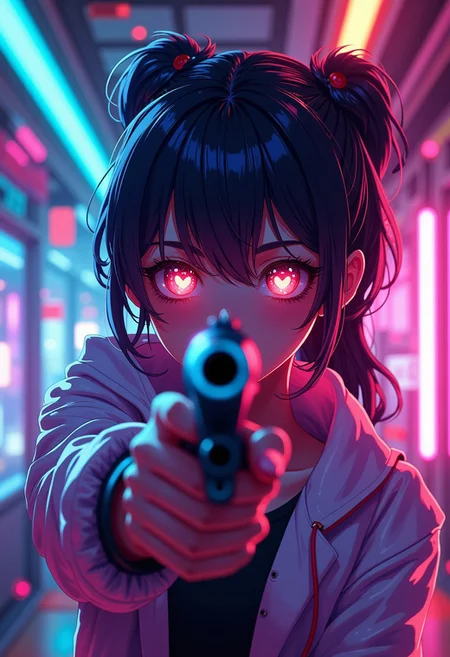 <lora:ck-nc-pastel-cyberpunk:1>, A digital artwork in the style of cknc, a girl is aiming a gun at the viewer, hi tech cyberpunk laboratory in background, detail eyes, heart shaped eye pupils