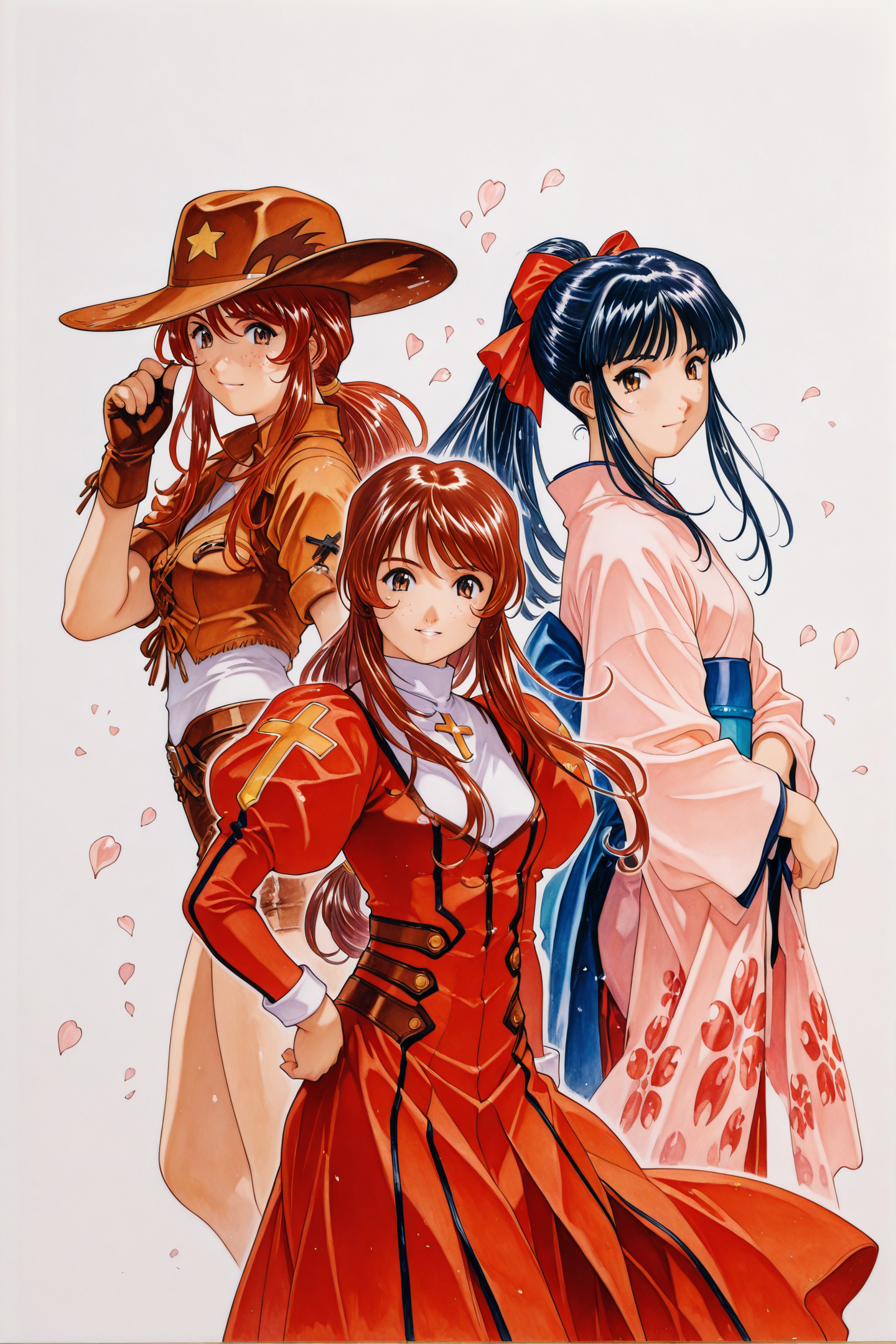 Erica Fontaine,Shinguji Sakura,multiple girls,3girls,brown hair,(brown eyes:1.2),long hair,japanese clothes,black hair,bow,simple background,kimono,long sleeves,white background,hair bow,dress,looking at viewer,juliet sleeves,skirt,red hakama,cross,Gemini Sunrise,freckles,blue eyes,cowboy hat,red hair,cowboy western,ponytail,sidelocks,traditional media,cherry blossoms,
<lora:Sakura Wars_illustriousXL_v2:1.3>,