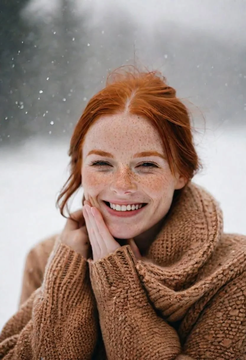 cinematic photo photo of a girl, naked, ginger, freckles, cute face, gentle eyebrows, <lora:ahxl_v1:1>, small breasts, (bulbous nipples:1.3), short smile, nsfw nsked, outdoors, getting cold, cold winter, (fog: 1.5), (nervous laughter open mouth), tittering, giggle, shy look down, red cheeks, in mountains,snow, ((held snow on her hands)), cover her nipples, soothing tones, muted colors, high contrast, natural skin texture, hyperrealism, soft light, sharp, style of Shawultra detailed, pale skin, ultra sharp focus, high resolution, best quality, masterpiece, intricate details, hyperrealistic, blurry background . 35mm photograph, film, bokeh, professional, 4k, highly detailed