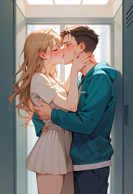 score_9, score_8_up, score_7_up, best quality, masterpiece, source_anime, zPDXL2, BREAK 1girl, 1boy blush, embarrassed, kiss ,transparent locker <lora:inside_of_locker_r1:1>