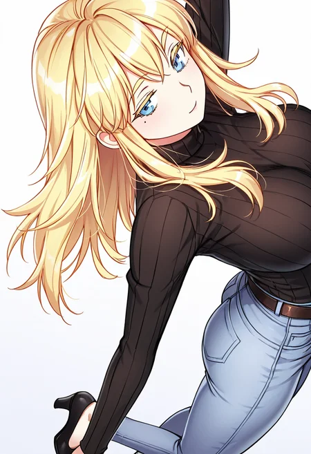 Smooth Quality,masterpiece,very intricate, high quality details, ultra realistic, high detailed skin,detailed enviorement,absurdres,
simple background, white background, dancing,skindentation, solo,from above,inward v,
<lora:Laura_Zeppelin_CNR:0.8> laura_cnr, 1girl, blonde hair, long hair, blue eyes, mole under eye, large breasts,laura_def_cnr, black sweater, ribbed sweater, turtleneck, jeans, denim, belt, high heels,, expressionless,, ;),