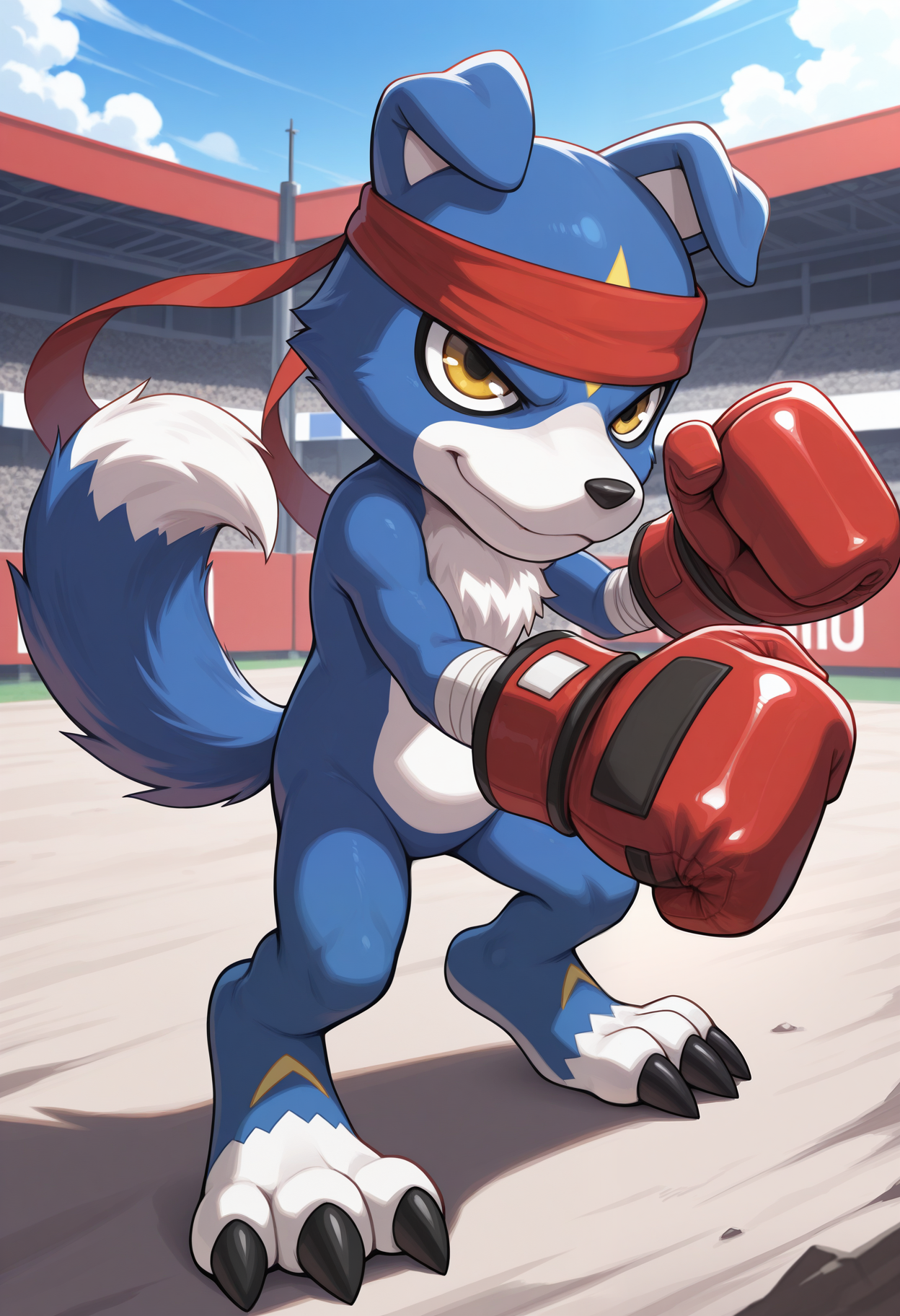 masterpiece,best quality,amazing quality, 1boy, solo, g40m0n, digimon (creature), red headband, red boxing gloves, bandaged arm,  full body,  fighting stance, outdoors,