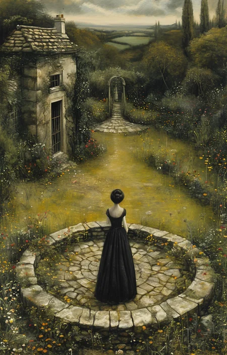 masterpiece,best quality,<lora:tbh163-sdxl:0.9>,illustration,style of Mike Worrall, A bottle of perfume in garden