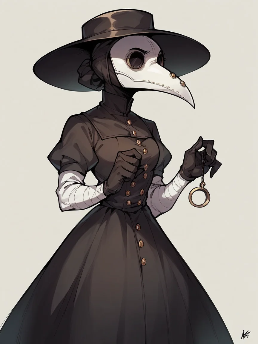 score_9, score_8_up, score_7_up, score_6_up, score_5_up, <lora:PlagueDoctorXLP:1> plague doctor, mask, hat, solo, gloves, dress, 1girl