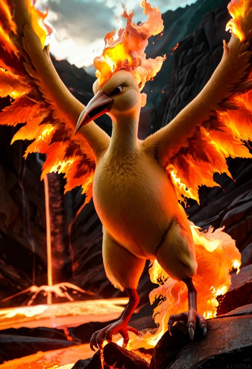 score_9, score_8_up, score_7_up, score_6_up, score_5_up, score_4_up, BREAK, solo, moltres, pokemon (creature), furry, avian, bird, detailed feathers, realistic feathers, orange feathers, beak, wings, flaming wings, realistic fire, red flames, fire, lava volcano background, day, realistic