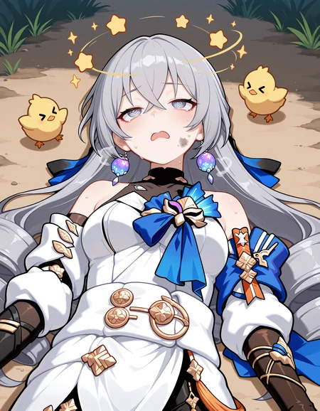 1girl, bronya rand, honkai \(series\), solo,
@_@,
frown,  half-closed eyes, sweat, hot,upturned eyes, damaged, open mouth, heavy breathing, 
seeing stars, bird, chick, star (symbol),sparkle, (dizzy:1.2),
cowboy shot, 
lying, on back,
outdoors, dirt, dirty clothes, dirty face, 
masterpiece,best quality,amazing quality,very aesthetic,absurdres,newest,
<lora:reduce_wrinkles_illstriouosv0.1_ADDifT_2_in_1_v1.2:0.8>, 
<lora:99coins_seeing_stars_IL_v5_10:1>,