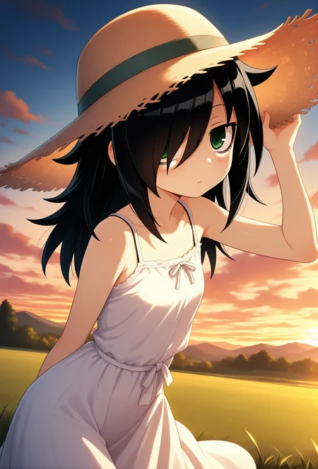 masterpiece, best quality, amazing quality, general, <lora:KurokiTomokoNTRmixillustV01:0.85> watamote, kuroki tomoko, bags under eyes, hair over one eye, green eyes, black hair, long hair, looking at viewer, sundress, outdoors, sunset, grass field, straw hat, hand on hat, cowboy shot,