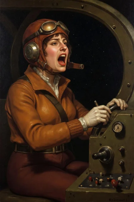 g0ya1 painting
A female pilot screaming inside the cockpit of a Spaceship. The pilot, wearing a vintage leather flight helmet with goggles and a bomber jacket, grips the controls with white-knuckled hands. Her face is contorted in a mix of fear and determination as she yells, her eyes wide with adrenaline. The cockpit is cramped and filled with old-fashioned dials and gauges, with the outside view showing dark star field. <lora:g0ya1_cap_d6a3:1.0><lora:815797985544993002:0>