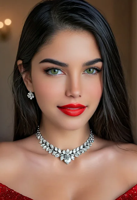 photorealistic, epic realism, (masterpiece), (Realistic photo), (High quality), (RAW photo 8k), (upper body), (Photography by Steve McCurry), incredibly absurdres, young, supermodel, 1girl, solo, ((upper body:1.4)), ((portrait, looking at the viewer)), (outline defined full lips:1.4), (green/hazel eyes), perfect symmetrical eyes, long eyelashes, wearing an red haute couture dress, neckline, diamond choker, diamond stud earrings, sparkle, (highly detailed, intricate), ((black hair:1.4), modern hairstyle, hair intakes, (healthy hair, silky hair, voluminous hair)), ((natural, eyeliner, seductive smiling expression, closed mouth, closed lips, highly detailed face)), (exceptional Detail Clarity, dynamic angle, DSLR, hyper-detailed), (fine details, sharp focus, depth of field).