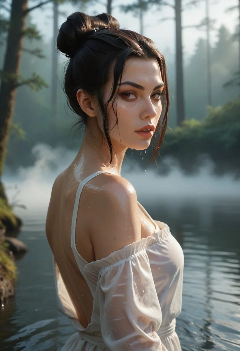 score_9, score_8_up, score_7_up,1girl, upper body, from back, azula, hair bun, looking at viewer, self hugging, wet white dress, parted lips, in the water, small water source, in the middle of the forest, fog, morning,
