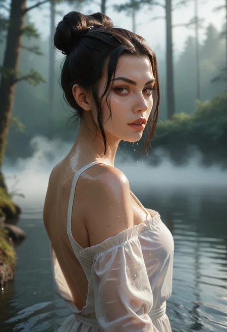score_9, score_8_up, score_7_up,1girl, upper body, from back, azula, hair bun, looking at viewer, self hugging, wet white dress,  parted lips, in the water, small water source, in the middle of the forest, fog, morning,