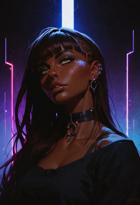 score_9, score_8_up, score_8_up, 1 Indian girl, dark-skinned girl, cyberpunk, brown hair, ((long hair)), ((bangs)), straight hair, piercings, choker, portrait, ((streetwear)), average tits, teardrop shaped tits, fit body, thin waists, beautiful, night neon lighting, negative_hand, g0thicPXL, GTA