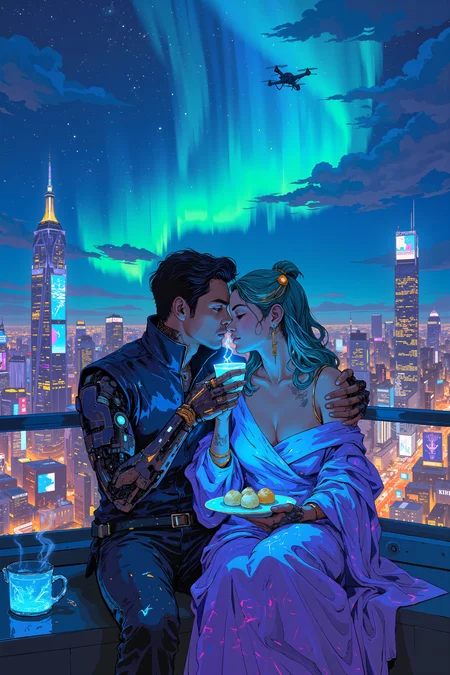 On the rooftop of a sleek, glass-clad skyscraper, a couple sits wrapped in a shared holographic blanket, their silhouettes outlined by the neon glow of the city below. The woman, a half-elf with iridescent green hair and glowing circuitry tattoos, rests her head on her boyfriendâs shoulder, her golden eyes reflecting the moving billboards flashing across the skyline. He, a tall man with mocha skin and cybernetic enhancements along his arms, holds a steaming cup of neon-blue tea, the vapor forming tiny constellations before dissolving into the cool night air. A drone waiter hovers nearby, setting down a plate of floating mochi, each bite-sized piece glowing faintly with a magical aura. The sky above is a swirling mix of auroras and digital constellations, programmed to shift colors in slow, mesmerizing waves. Below, the city hums with a mix of tech and magic, where enchanted taxis and hoverboards weave through the air. A gentle wind ruffles their clothes, the scent of artificial cherry blossoms and ozone filling the air. He tilts her chin up, his cybernetic fingers warm despite their metallic sheen, and presses a kiss to her forehead as the city blurs into a dazzling backdrop of light and love. , detailed background Fantastic lighting. Detailed shadows.intricate details, vivid colors, hyper-detailed, ultra-sharp, , DB4RZ, DB4RZ style painting, NeoPigma, in the style of cksc, anime, cyberpunk, a masterpiece, award winning,<lora:CPA:0.5><lora:FLUX-daubrez-DB4RZ:0.3><lora:NeoPigmaV3:0.35><lora:ck-shadow-circuit-000021:0.35>