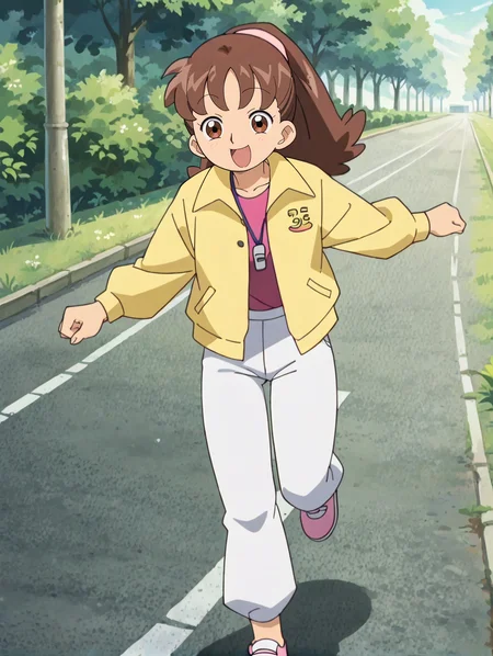 score_9, score_8_up, score_7_up, score_6_up, score_5_up, score_4_up,source_anime,anime screencap,uncensored,1990s,1girl,glistening body,shiny_skin,dewy skin,BREAK
<lora:nishizawa_v1:0.85> nishizawat, brown hair, long hair, ponytail, hairband,yellow jacket,running, outside, road,white pants,whistle, happy,pink_shirt,solo