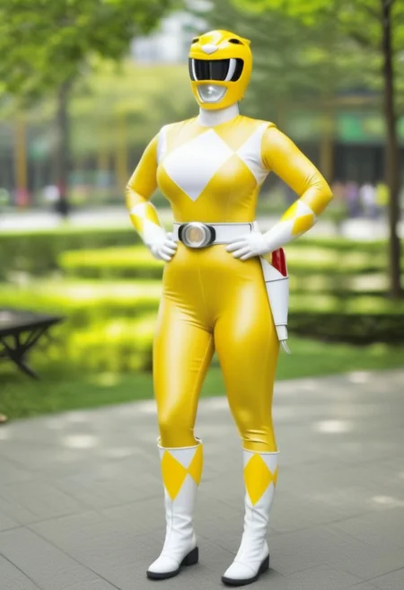 female yellow-power-ranger, alone, morphed, helmet, morphed, helmet, yellow catsuit, white gloves belt boots holster, standing square-on, in urban park, arms down by sides, full body photo, very-large-breasts, enormous-breasts, hyperdetailed photography