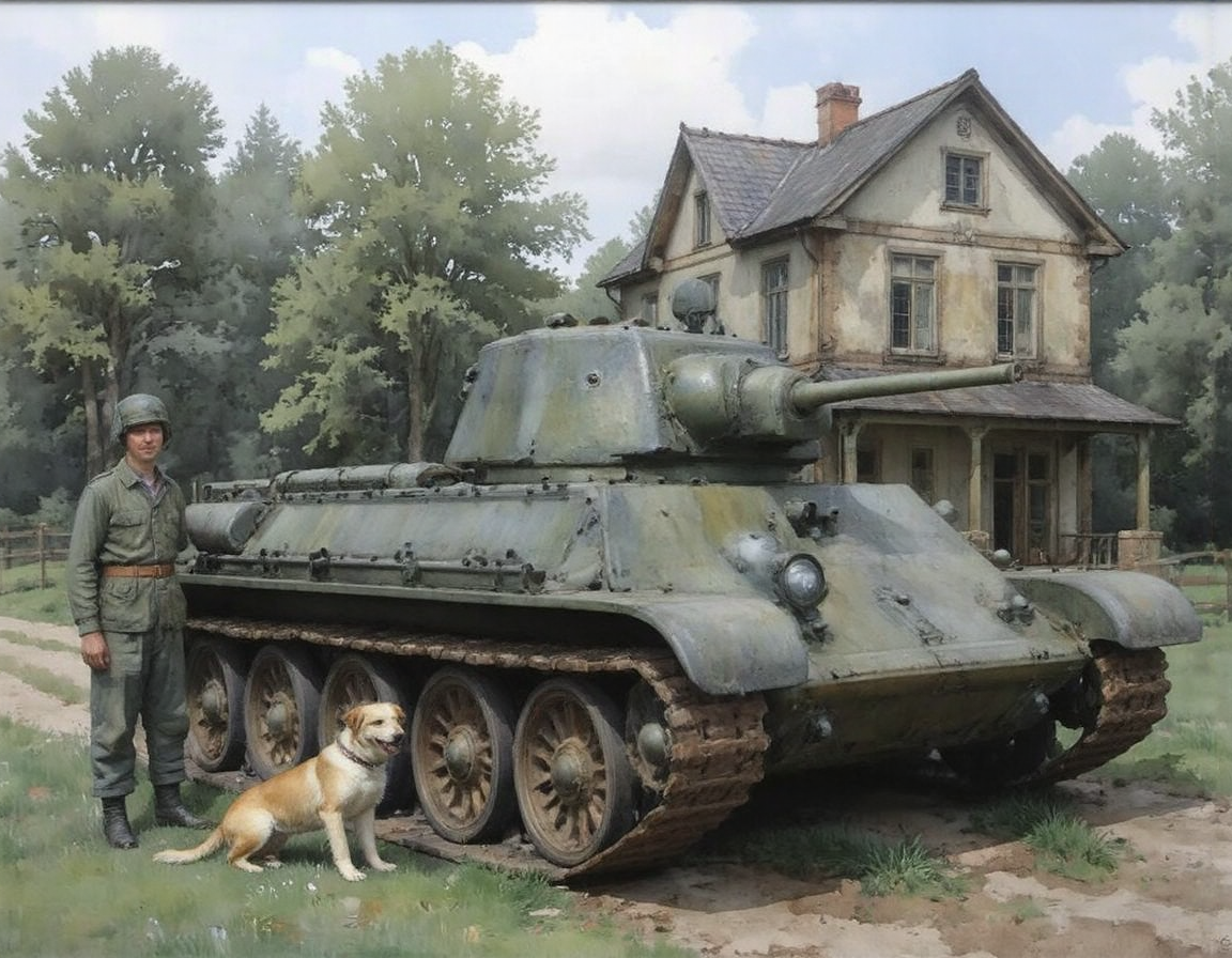 <lora:Inkquaria:1> Inkquaria,
Inkquaria. Watercolor of a Soviet tank crew. <lora:t341942:0.8>t341942
A scene from a battlefield in Eastern Europe in 1945. A Soviet tank crew member plays with a dog in front of his parked tank. The edge of the forest, a ruined house, a fence, <lora:soviet-tank-crew:0.8> soviet-tank-crew