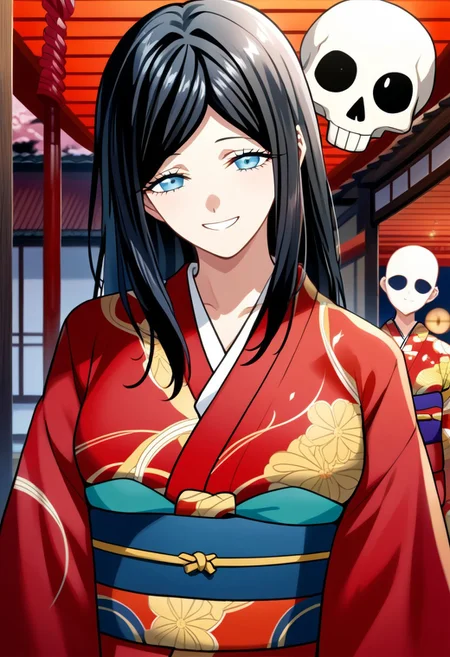score_9,score_8_up,score_7_up,source_anime,Hana Mitani,1girl,solo,looking at viewer,smile,long sleeves,japanese clothes,wide sleeves,kimono,sash,obi,skull,red kimono