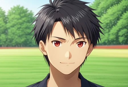 high resolution, solo, best quality, 1Boy, Yamato Ishida, Black Hair, Red Eyes, portraits, proud, outdoor, Drawing, Depth Of Field, OverallDetail