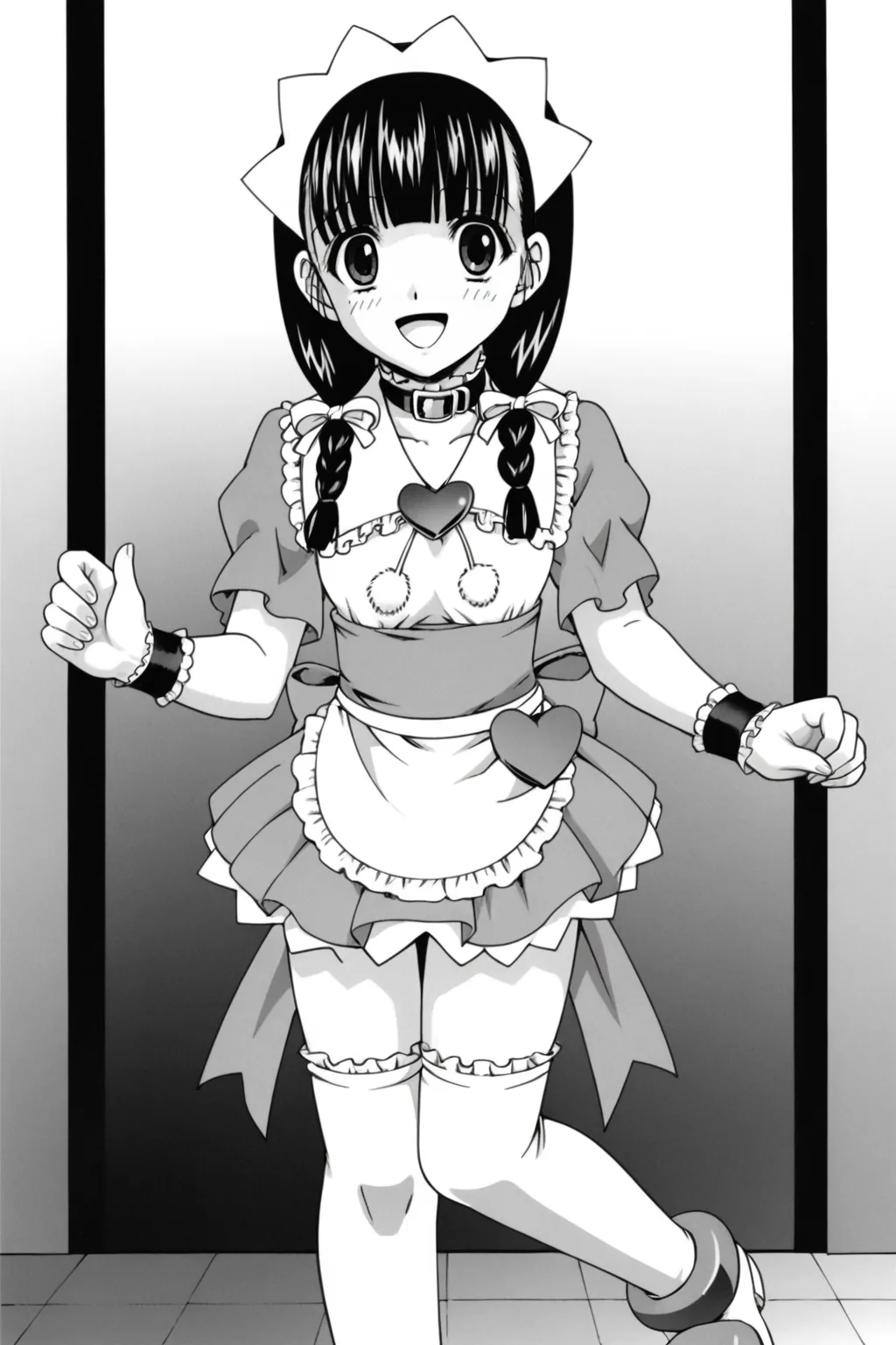 score_9, best, masterpiece, uncensored,
1girl, solo, smile, monochrome, greyscale, manga illustration,
(ApprenticeFujiwaraMahiru:1.2), maid headdress, puffy short sleeves, waitress, pom pom (clothes), hair ribbon, frilled cuffs, frilled puffy short sleeves, frilled sailor collar with hearth brooch, sash with back ribbon, pleated miniskirt with white frills, white ankle boots with pink heart, frilled white thighhighs, white frilled waist apron, black belt collar with white frills,
<lora:FamiresSenshiPuddinApprenticeFujiwaraMahiru_V3:0.8>​​​