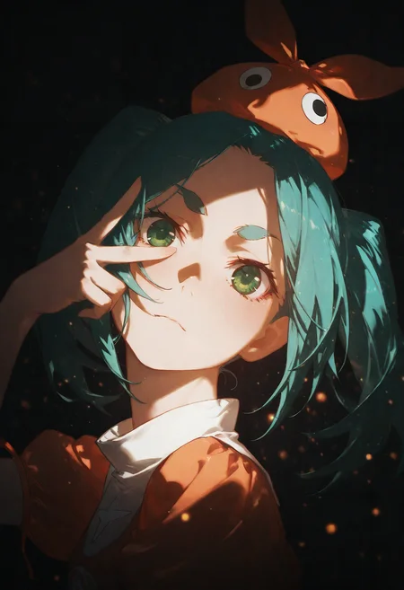 very awa,masterpiece,best quality,year 2024,newest,highres,very aesthetic,absurdres,
1girl, ononoki yotsugi, monogatari \(series\), green eyes, googly eyes, thick eyebrows, short eyebrows, aqua hair, short hair, long hair, twintails, white neck collar, hat, detailed face, expressionless, v over eye,  head tilt, from side, close up,  looking at viewer, black background, (dark), shadow, particles, cinematic lighting, volumetric lighting, raytracing, hdr, light illuminates part of the face
<lora:ponyv6_noobV1_2_adamW:0.6> <lora:NOOB_vp1_detailer_by_volnovik_v1:0.6>  <lora:KonyaKarasue:0.6>  <lora:GBF_Illustrious:0.8> <lora:illustrious_noobai_epsilon_pred_1_masterpieces_v1:.5>