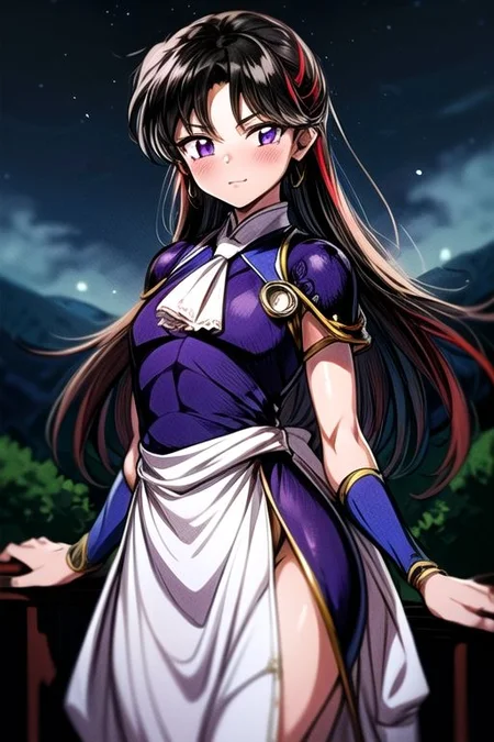 best quality 1girl Setsun4 solo long hair, (night time) forest background black hair very long hair purple eyes multicolored hair armor, small, (fur trim) (medium body),<lora:EMS-179-EMS:0.800000>,<lora:EMS-293862-EMS:0.800000> bow, hair_bow, hair_tubes, red_bow, brown_hair, long_hair, bangs, ascot, frilled_bow, yellow_ascot, blush, smile, hair_between_eyes, athletic, armor, miko, ,(((intricate outfit,intricate clothes,embroidered outfit,ornate outfit,embroidered clothes,ornate clothes)))