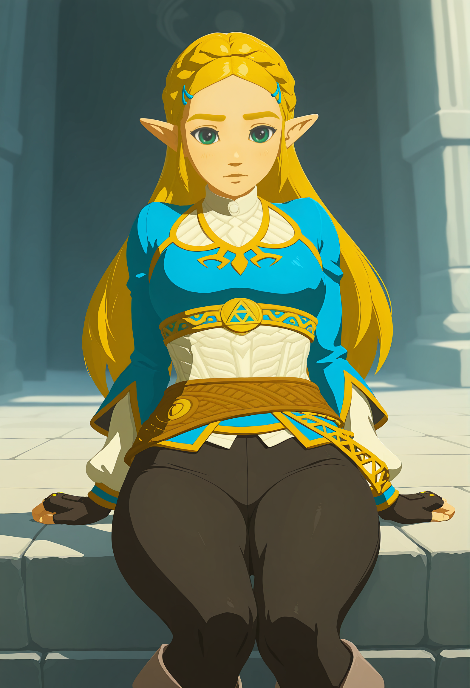 amazing quality,very aesthetic,absurdres,best quality,newest,masterpiece,4k resolution, absurdres, highres, detailed background, 
  <lora:Princess_Zelda_ILXL:0.8> 1girl, princess zelda, blonde hair, pointy ears, botw, long hair, blue shirt, black legwear, looking at viewer,