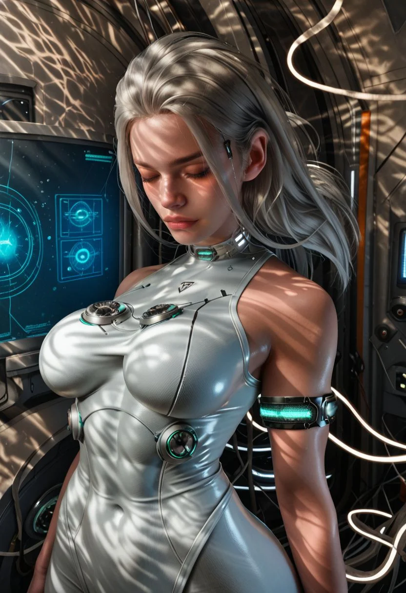 score_9, score_8_up, score_7_up, score_6_up, diaplug, 1girl, closed eyes, grey hair, white bodysuit, cables, tethered, armband, long hair, closed mouth, fit, floating, stasis pod, underwater, temple monitor, straight-on, <lora:DiaTFD:1> <lora:Expressive_H:0.8> Expressiveh