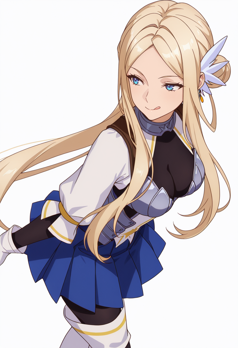 Smooth Quality,masterpiece,very intricate, high quality details, ultra realistic, high detailed skin,detailed enviorement,absurdres,
simple background, white background, dancing, solo,from above,
 <lora:Krishna_CNR:0.8> krishna_cnr, 1girl,blonde hair,very long hair,single hair bun, sidelocks, parted bangs, blue eyes, breasts,white hair ornament, earrings,armor, breastplate, armored dress, blue skirt, pleated skirt,white gloves, black pantyhose,white thigh boots,, naughty face,, ;q,
