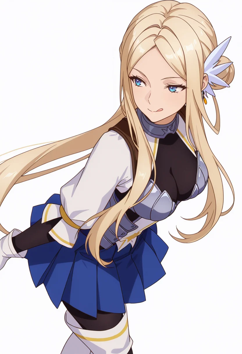 Smooth Quality,masterpiece,very intricate, high quality details, ultra realistic, high detailed skin,detailed enviorement,absurdres,
simple background, white background, dancing, solo,from above,
<lora:Krishna_CNR:0.8> krishna_cnr, 1girl,blonde hair,very long hair,single hair bun, sidelocks, parted bangs, blue eyes, breasts,white hair ornament, earrings,armor, breastplate, armored dress, blue skirt, pleated skirt,white gloves, black pantyhose,white thigh boots,, naughty face,, ;q,