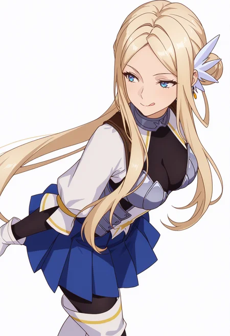 Smooth Quality,masterpiece,very intricate, high quality details, ultra realistic, high detailed skin,detailed enviorement,absurdres,
simple background, white background, dancing, solo,from above,
 <lora:Krishna_CNR:0.8> krishna_cnr, 1girl,blonde hair,very long hair,single hair bun, sidelocks, parted bangs, blue eyes, breasts,white hair ornament, earrings,armor, breastplate, armored dress, blue skirt, pleated skirt,white gloves, black pantyhose,white thigh boots,, naughty face,, ;q,