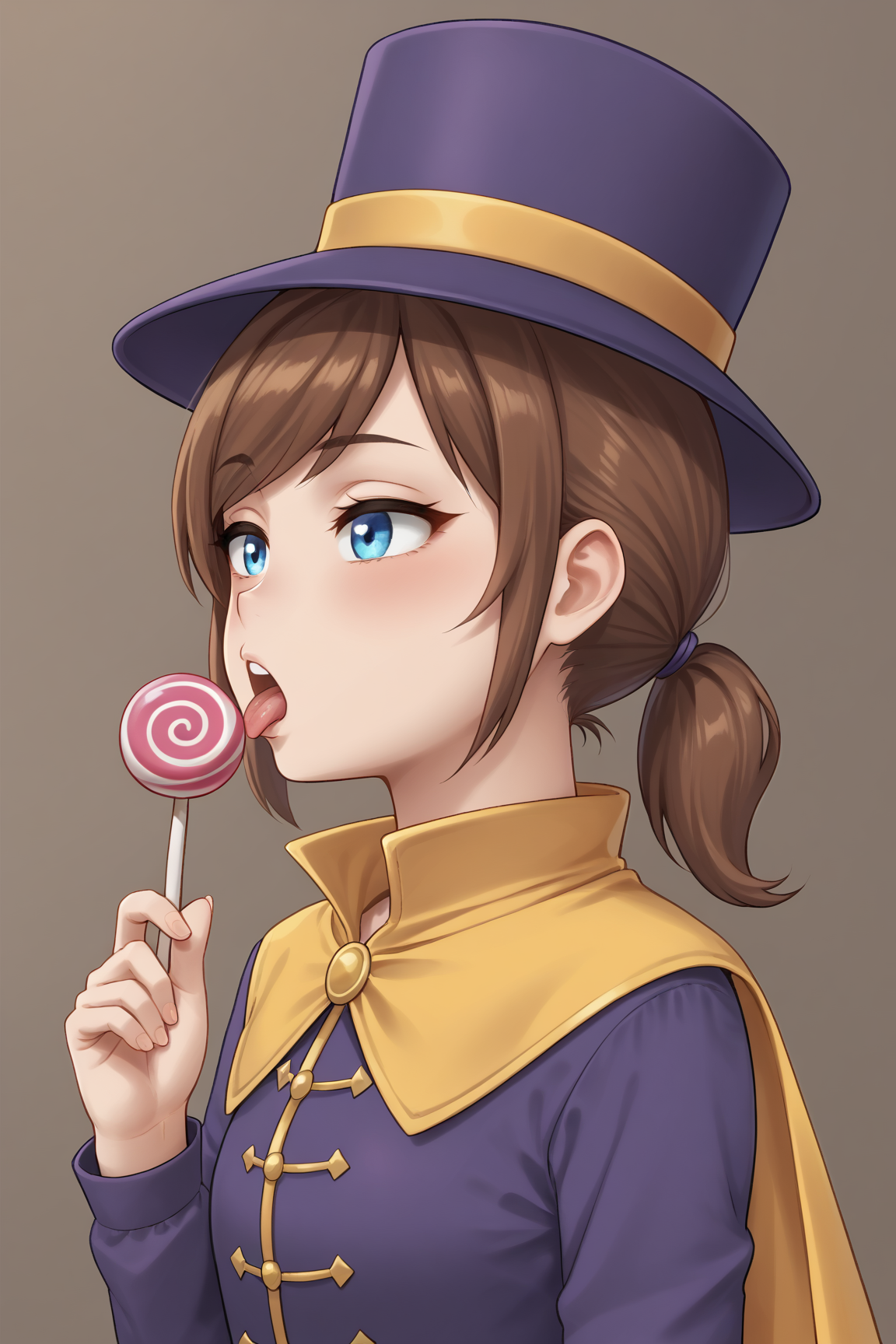 zPDXLpg, 1girl, solo, half-closed eyes, blush, tongue out, licking lollipop using tongue, seductive, upper body, focus face, young, from side,
 <lora:Hat_Kid:0.5> brown hair, short ponytail, swept bangs, long sideburns, blue eyes, purple top hat with gold line, yellow cape,, <lora:hand 4:1> Hand, five fingers,,