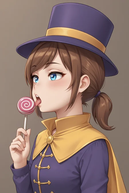 zPDXLpg, 1girl, solo, half-closed eyes, blush, tongue out, licking lollipop using tongue, seductive, upper body, focus face, young, from side,
<lora:Hat_Kid:0.5> brown hair, short ponytail, swept bangs, long sideburns, blue eyes, purple top hat with gold line, yellow cape,, <lora:hand 4:1> Hand, five fingers,,