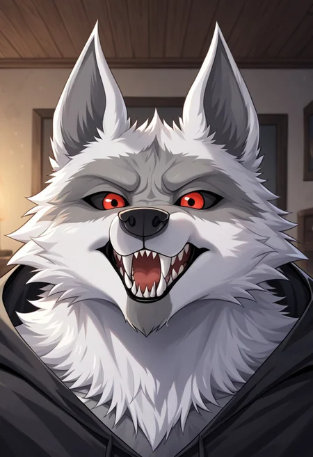 best quality, newest, absurdres, highres, 1boy,solo,Anthro,Deathwolf, Wolf, Black Sclera, Red Eyes, white fur,black hooded cloack,face focus,sharp teeth,living room
