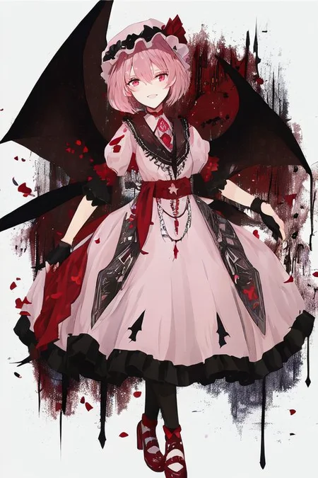 embroidery, jewelery, gown, frills, gloves/elbow gloves, high heels/shoes, pantyhose/thighhighs, remilia_scarlet_(koumajou_densetsu), solo, 1girl, smile, short_hair, shirt, red_eyes, bow, blush, hat, ribbon, dress, hair_ornament, frills, blue_hair, jewelry, puffy_sleeves, short_sleeves, red_bow, wings, mob_cap, nail_polish, pink_eyes, flower, ascot, pantyhose, sidelocks, detached_sleeves, hat_ribbon, shoes, pointy_ears, grin, wrist_cuffs, bat_wings, sword, fingernails, white_headwear, black_pantyhose, high_heels, hat_bow, collar, fang, sash, black_gloves, choker, petals, white_dress, fingerless_gloves, polearm, lips, hair_flower, expressionless, frilled_sleeves, hat_flower, brooch, pink_dress, red_sash, armband, sharp_fingernails, frilled_dress, collared_dress, coat, wing_collar, red_footwear, spear_the_gungnir, long_fingernails, light_purple_hair, eyelashes, bridal_gauntlets, cross, clenched_teeth