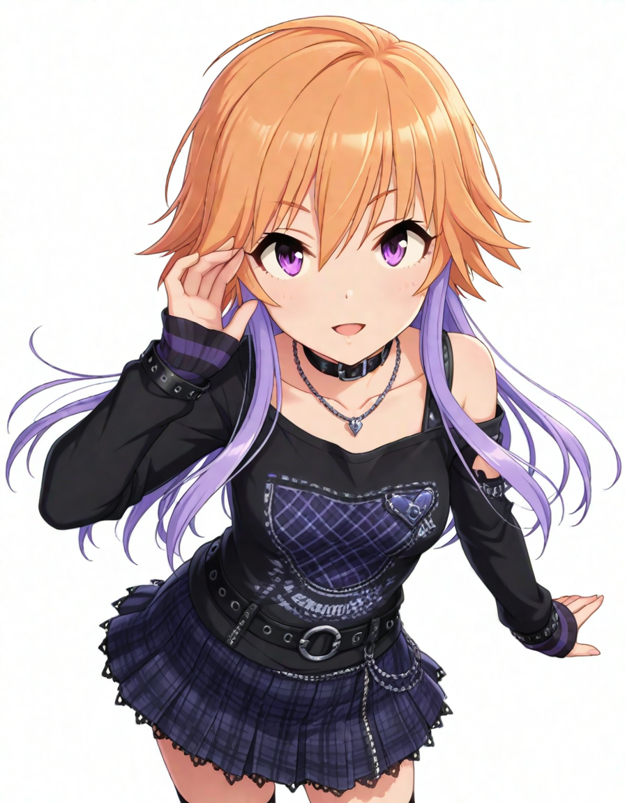 masterpiece,best quality,absurdres,official art,official style,source_anime,anime screencap,anime coloring,
<lora:Hyper-SDXL-8steps-lora:1>,
<lora:Asuka_IL:0.9>,asukachang,1girl, solo,light brown hair, long hair, multicolored hair, purple hair, two-tone hair,purple eyes, 
black shirt, purple skirt,black skirt,safety pin,shoulder cutout, bare shoulders, off shoulder,  collar, jewelry, smile, necklace, choker,  long sleeves, collarbone,miniskirt,  plaid skirt, sleeves past wrists,  hand up,  pleated skirt, thighhighs, bracelet, belt, open mouth, from above,white background,transparent background,looking at viewer,cowboy shot,
