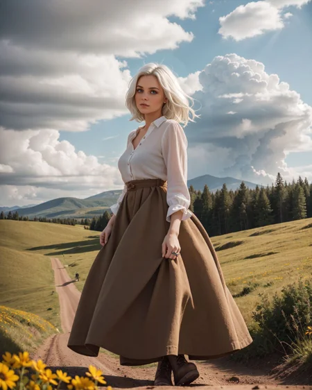 (Long shot:1.4), (Sn0frid_v1, white hair:1.3), medium bosom, (style of Dorothea Lange) rugged frontier homestead woman, 1800s Montana, linen blouse, long skirt, apron, practical sturdy boots, earthy tones, natural fibers, rustic charm, sepia-toned aesthetic, arid golden prairie, wooden cabin, wildflowers, cracked soil, farm tools, weathered textures, sun-dappled lighting, determined expression, confident pose, wind-tousled hair, (dramatic clouds:1.2), vast open landscape, vintage authenticity, pioneering spirit ,