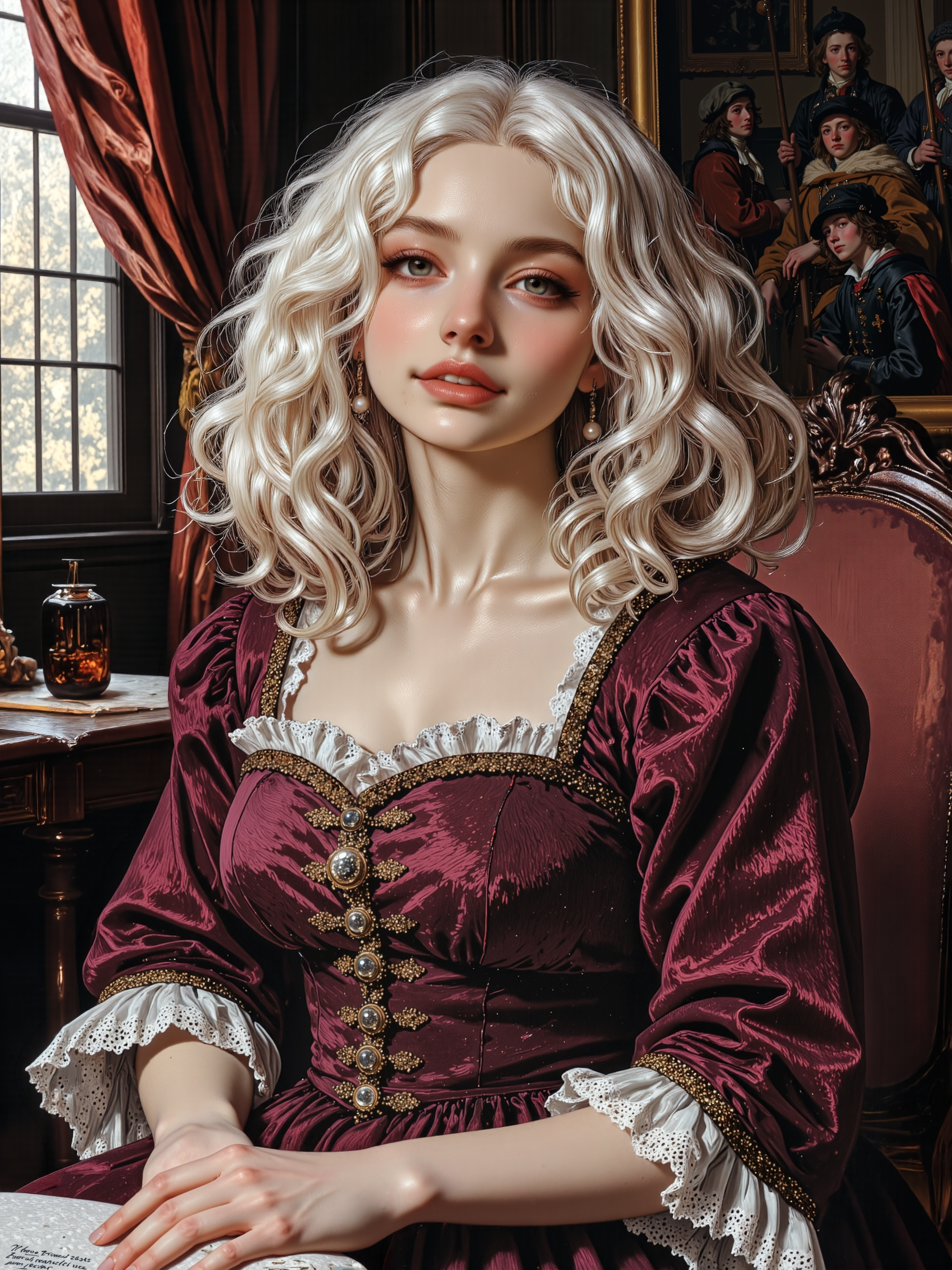 detailed historical masterwork portrait painting with a courtly baroque aesthetic in an intricate court setting, painted with oil on canvas, oil-based pigments, subtle brushstrokes, inspired by the renaissance and baroque court portrait traditions, blending realism with soft painterly textures, influenced by the works of anthony van dyck and titian, perfect hands, in an opulent, dimly-lit court chamber, rich velvet drapes in wine red cascade from tall windows, intricate tapestries depicting mythological scenes decorate the walls, a heavy dark wood table with gilded accents is partially visible in the background, in the foreground, a noblewoman with silver-white hair styled in loose symmetrical drill curls, cascading past her shoulders, pale porcelain skin with a subtle flush on her cheeks, beautiful detailed gray eyes gazing with quiet confidence, lips faintly rose-tinted, forming a soft regal smile, she wears light makeup, silver pearl earrings and an exquisite burgundy velvet gown with gold embroidery along the bodice and sleeves, pearl embellishments, and a ruffled lace collar framing her neck, her hands elegantly placed, one resting lightly on her lap, the other holding a delicate lace handkerchief, soft three-quarter view portrait, slight downward angle emphasizing her regal posture, drawing attention to the rich textures and details of her attire, warm chiaroscuro lighting, gentle interplay of light and shadow highlighting her face and gown, the color palette is predominantly eggshell white and wine red and teal and obsidian black, highly aesthetic, dramatic, epic, meticulous, accurate, golden ratio, ovg, fictionalpoppy, style of rembrandt, del1cate_balance, <lora:poppy-character-flux-by_meower2024:0.8> <lora:style-rembrandt-flux-by_tangbohu:0.68> <lora:style-delicate_balance-flux-by_autopastel:0.48>