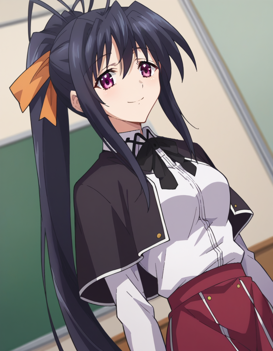 score_9, score_8_up, score_7_up, source_anime,
akenohimejima, <lora:akeno-himejima-ponyxl-lora-nochekaiser:1>,
akeno himejima, long hair, black hair, ribbon, very long hair, purple eyes, hair ribbon, ponytail, antenna hair, smile,
skirt, school uniform, shirt, white shirt, capelet, black capelet, long sleeves, red skirt,
indoors, classroom,
looking at viewer, dutch angle, cowboy shot,