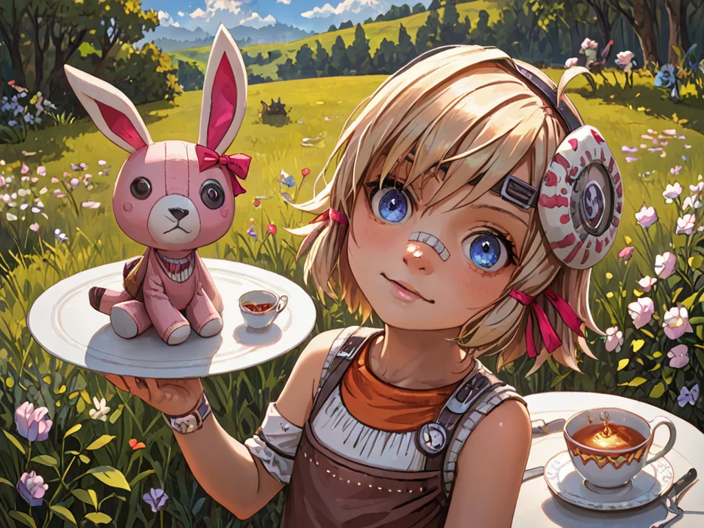 hires, highly detailed, best quality, score_9,score_8_up,score_7_up, detailed face, highly detailed, high quality, masterpiece, <lora:TinyTinaBL2_PONY_V1:1> tinytinabl2, solo, 1girl, young girl, tea party, stuffed animals, <lora:StS_detail_slider_v1:0.25> <lora:detail_eyes:0.5> detail_eyes