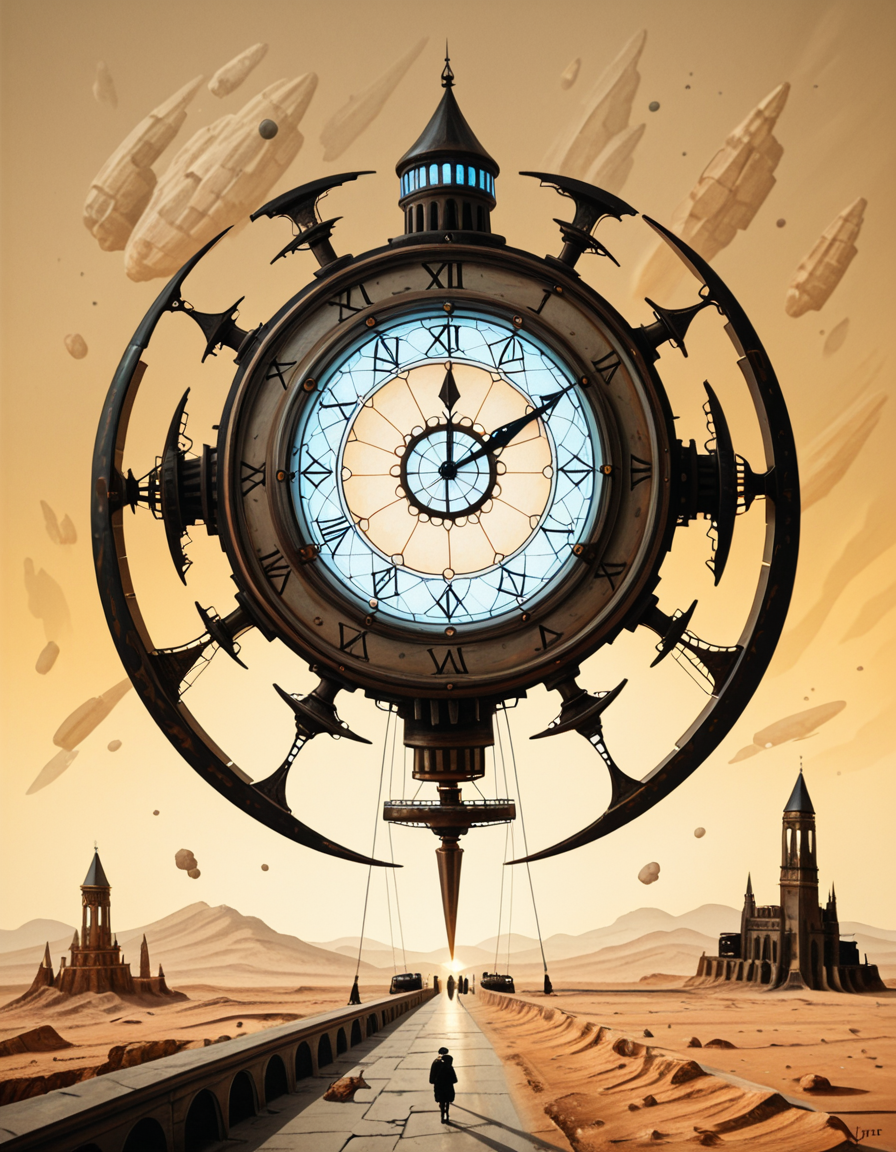 A surreal, dreamlike painting in the style of JarosÅaw Jasnikowski, depicting a gigantic mechanical insect-like cathedral walking across a cracked desert landscape. The cathedral is mounted on insect legs made of bronze and copper, with gears and steam vents along each joint. The architecture is gothic, with tall spires, stained glass windows glowing from within, and massive rotating clock faces embedded in its towers. In the background, a distorted horizon under a greenish-yellow sky, with floating islands and broken bridges suspended mid-air. A small group of cloaked figures watches the walking structure from the foreground, their long shadows cast across the dry, dusty ground. The entire scene is bathed in a surreal light, blending soft golds and dark shadows, giving it a mystical and post-apocalyptic atmosphere. Details are rich with fine mechanical engravings, absurd physics, and metaphysical symbolism, echoing Jasnikowskiâs signature surrealism and imaginative science-fiction fantasy.<lora:SDXLFaeTastic2400:0.4> <lora:extremely_detailed:0.4> extremely detailed, <lora:JarosÅaw_J4sn1k0wsk1_r1:1>,JarosÅaw J4sn1k0wsk1 <lora:JarosÅaw_J4sn1k0wsk1:1>, Masterpiece,best quality,hi res,8k,hi res,8k,award winning,(sharp focus, intricate, highly detailed),