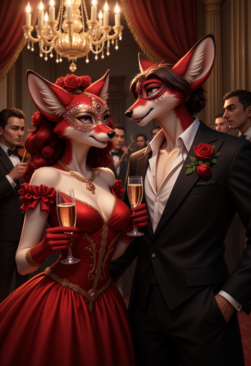 FurFemX. A dark crimson-furred fox woman in a glamorous evening gown, holding a glass of champagne at a masquerade ball. Her jeweled mask sparkles under the chandelier as she exchanges knowing glances with a mysterious stranger. The scent of roses and expensive perfume lingers in the air, while a string quartet plays softly in the background.