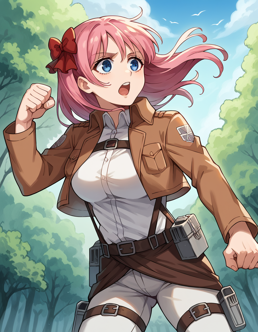 score_9, score_8_up, score_7_up, source_anime, nodokaharamura, <lora:nodoka-haramura-s1-ponyxl-lora-nochekaiser:1>, nodoka haramura, blue eyes, hair bow, long hair, pink hair, bow, large breasts,, <lora:paradis-military-uniform-ponyxl-lora-nochekaiser:1>, paradis military uniform, belt, cloack, cropped jacket, emblem, green cloak, jacket, long sleeves, pants, shirt, thigh strap, uniform, white pants, white shirt, brown jacket,, outdoors, forest, nature, fighting stance, open mouth, floating, flying,, cowboy shot, dutch angle, solo,