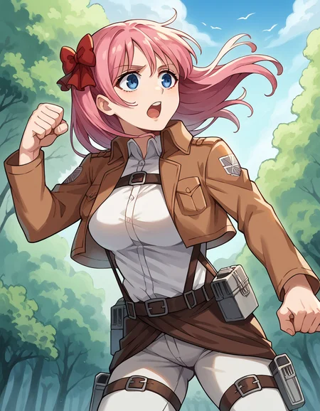 score_9, score_8_up, score_7_up, source_anime, nodokaharamura, <lora:nodoka-haramura-s1-ponyxl-lora-nochekaiser:1>, nodoka haramura, blue eyes, hair bow, long hair, pink hair, bow, large breasts,, <lora:paradis-military-uniform-ponyxl-lora-nochekaiser:1>, paradis military uniform, belt, cloack, cropped jacket, emblem, green cloak, jacket, long sleeves, pants, shirt, thigh strap, uniform, white pants, white shirt, brown jacket,, outdoors, forest, nature, fighting stance, open mouth, floating, flying,, cowboy shot, dutch angle, solo,