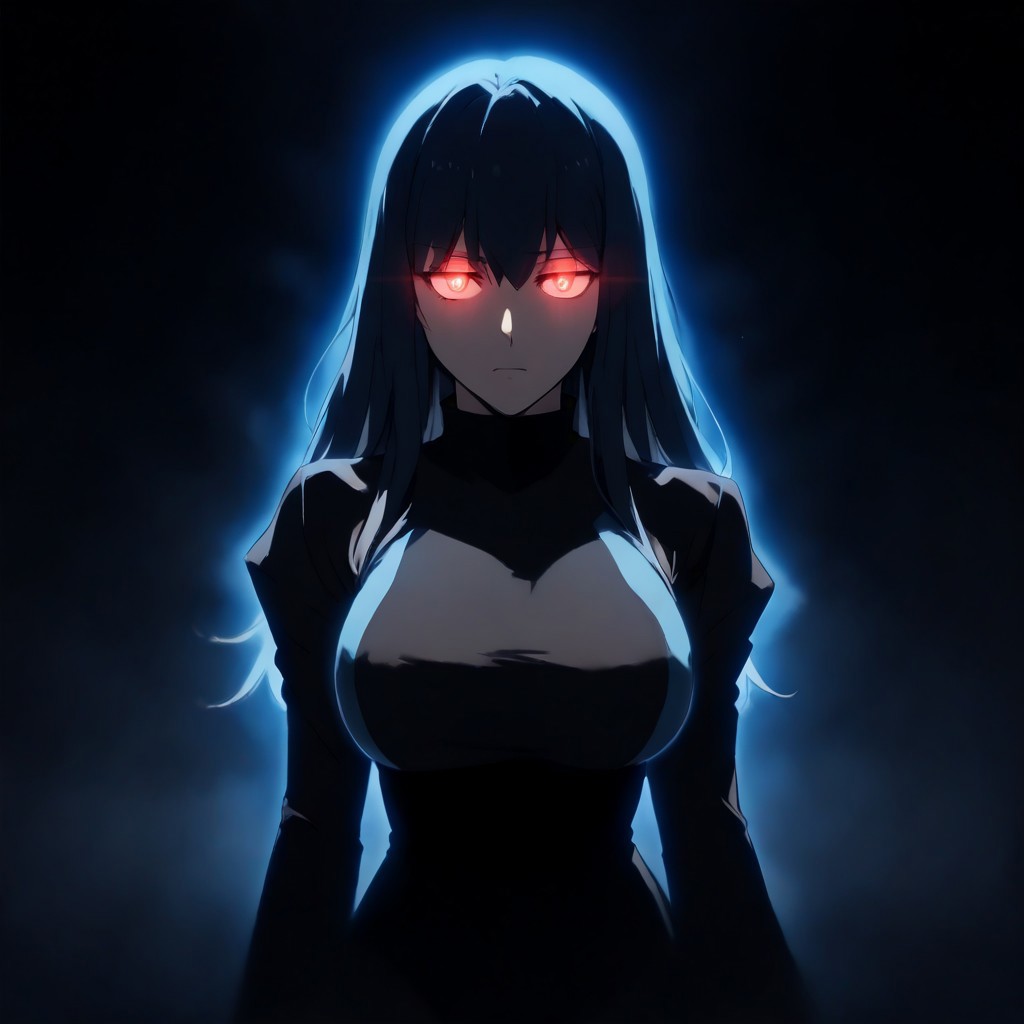 score_9, score_8_up, score_7_up, source_anime, expressive, anime, C0NTR4CT0R, speedlines, dynamic, 1girl, face_hidden, shadows, contrast, (long Hair:1.3), revealing clothing, body silhouette, shadows, large breasts, red_pupils, glowing, glowing eyes, BL4CK3STBL4CK, black_theme, matte_color, flat_color