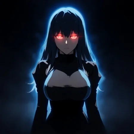 score_9, score_8_up, score_7_up, source_anime, expressive, anime, C0NTR4CT0R, speedlines, dynamic, 1girl, face_hidden, shadows, contrast, (long Hair:1.3), revealing clothing, body silhouette, shadows, large breasts, red_pupils, glowing, glowing eyes, BL4CK3STBL4CK, black_theme, matte_color, flat_color