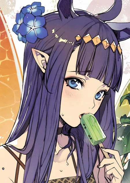 ninomae ina'nis, 1girl, virtual youtuber, popsicle, food, long hair, pointy ears, solo, sidelocks, mole under eye, bangs, purple hair, tentacle hair, multicolored hair, orange hair, gradient hair, blunt bangs, flower, mole, looking at viewer, blue flower, blue eyes, holding, very long hair, holding food, blush, eating, upper body, choker, animal ears
by oda non,