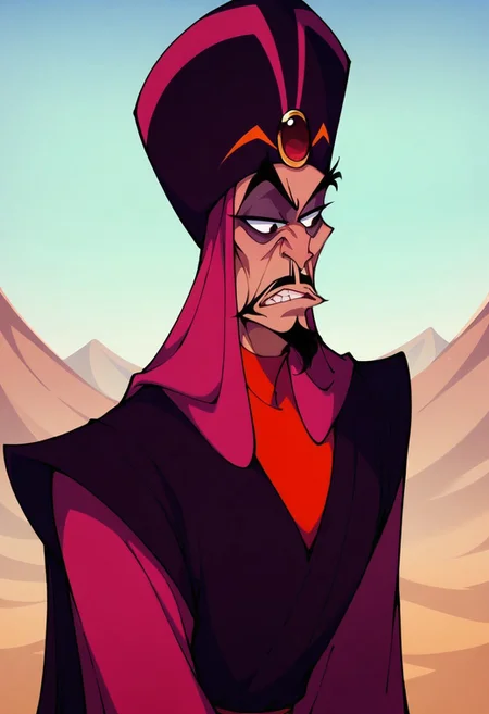 score_9, score_8_up, score_7_up, Jafar, skinny, narrow face, pointy nose, swirly chinbeard, dark eyes, turban, Jafar-outift, desert background