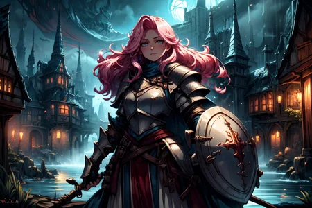 <lora:FantasySettlement:1> fanse, fantasy medieval city, lake, dark, magical, <lora:Fantasy_Classes_SD:1> fantasy class, paladin, plate mail, metal armor, holy aura, pauldrons, gauntlets, shield, looking at viewer, seductive, best quality, masterpiece, <lora:more_details:0.7>, 1girl, solo, pink hair, long hair, grey eyes