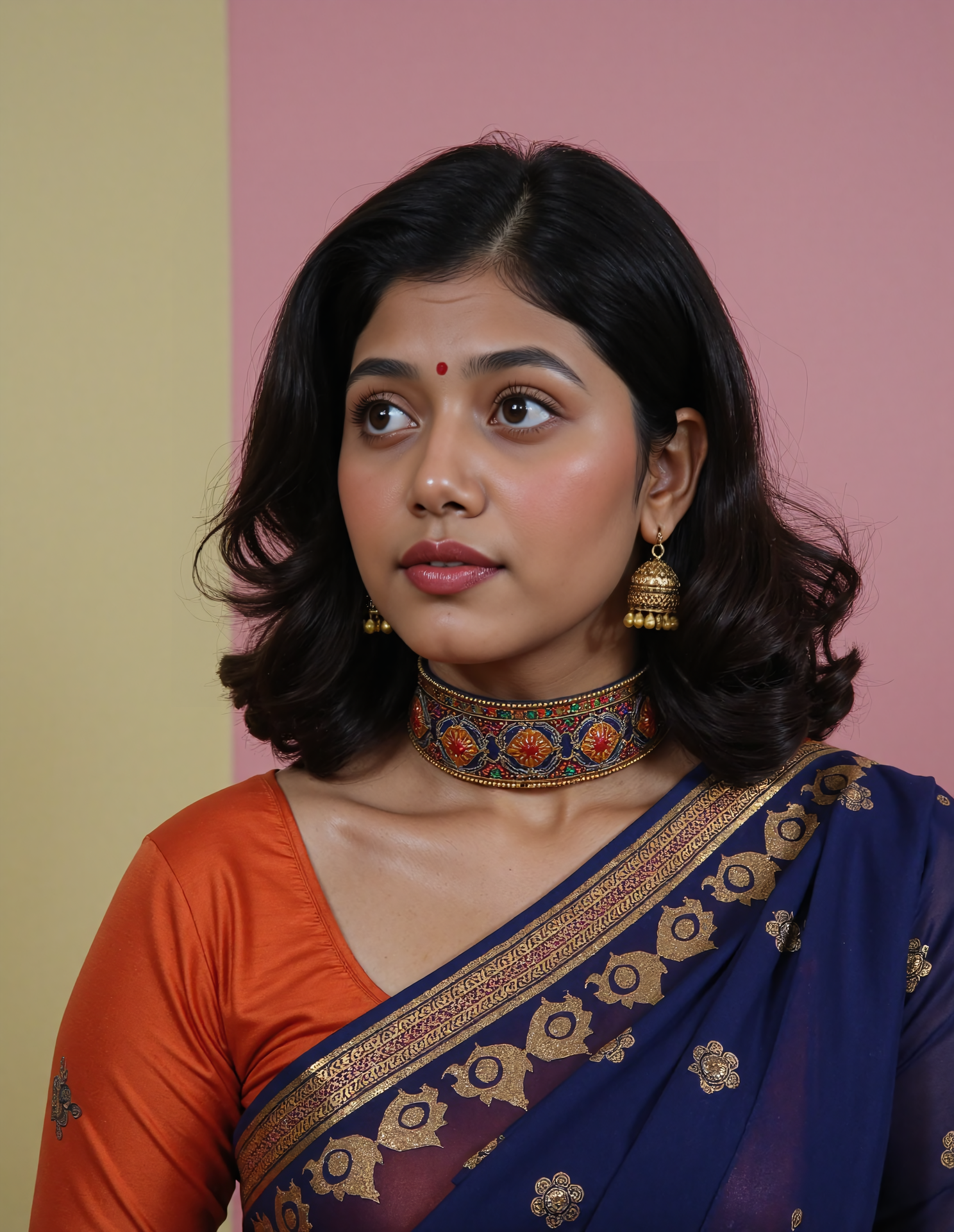 full body photo of d351 naak woman, hyper realistic photo that is safe for work, expression of wonderment with wide eyes, studio quality image with natural colors, well dressed wearing intricate turtleneck Indigo Kanjeevaram Silk Saree, hair styled as  90s blowout,muted pastel shaded multicolored background that contrasts with the person, cinematic lighting,ââ   <lora:d351 naak-Indian Upturned Nose-Flux-V1:1>âââ